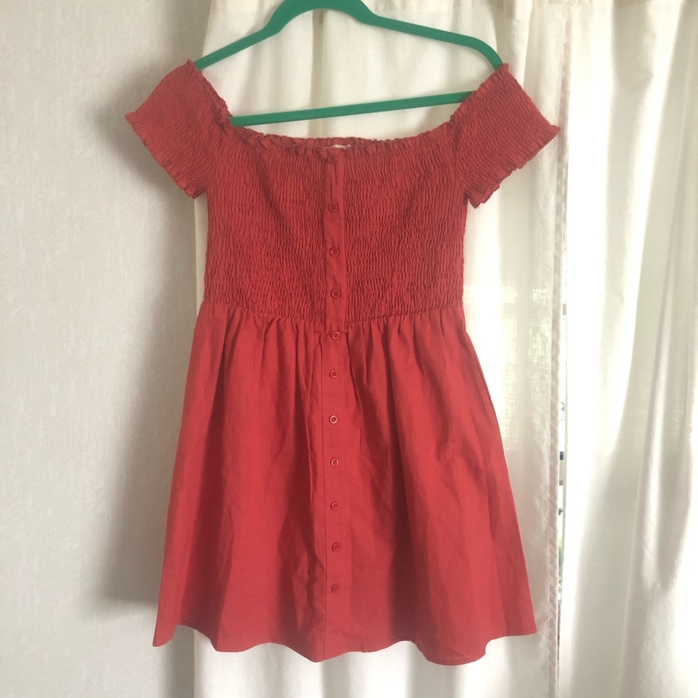 Sky and Sparrow Off the Shoulder Coral Dress